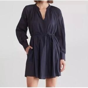 REBECCA TAYLOR Navy Blue Long Sleeve Cotton Shirt Dress Tie Belt Womens Medium
